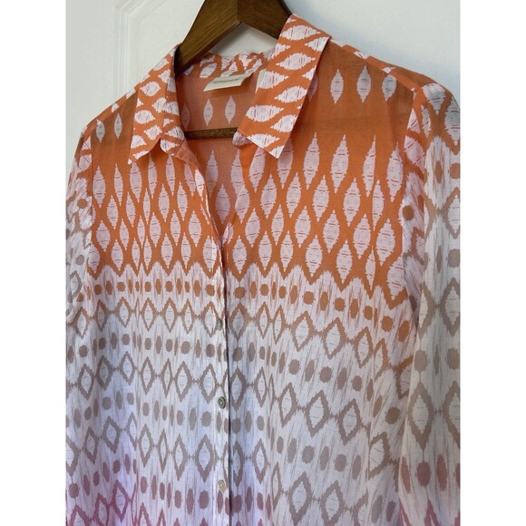 Chico's Size 2 Large Orange Pink Ombre Ikat Button Front Blouse Lightweight - Picture 3 of 5